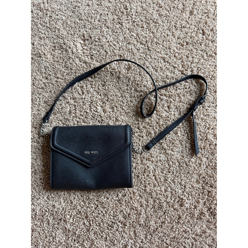 Nine West Black Saffiano Crossbody Wallet Bag Envelope Flap Silver Chain Strap